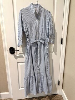 Holly Shae Design Catherine Blue and White Striped Maxi Dress with Ruffles xs-m